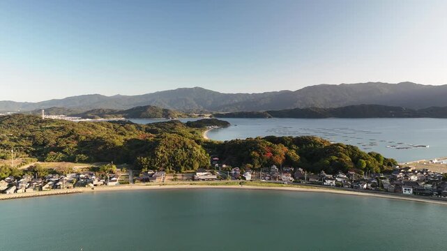 Shimakishi, Itoshima, Fukuoka, Japan Coastline in Autumn: 4K Aerial Drone Footage of Hikizu Bay, Rural Beach, Islands, Mountain Forests, Fish Cage, Houses, Estates near Genkai Quasi-National Park