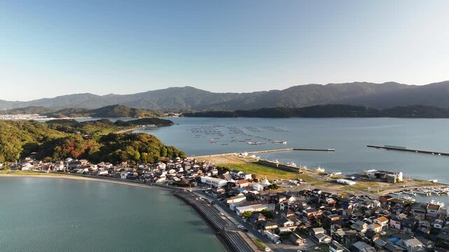 Shimakishi, Itoshima, Fukuoka, Japan Coastline in Autumn: 4K Aerial Drone Footage of Hikizu Bay, Rural Beach, Islands, Mountain Forests, Fish Cage, Houses, Estates near Genkai Quasi-National Park