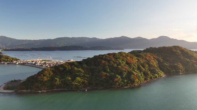 Shimakishi, Itoshima, Fukuoka, Japan Coastline in Autumn: 4K Aerial Drone Footage of Hikizu Bay, Rural Beach, Islands, Mountain Forests, Fish Cage, Houses, Estates near Genkai Quasi-National Park