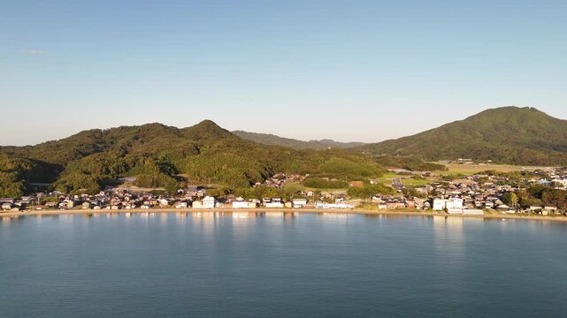 Shimakishi, Itoshima, Fukuoka, Japan Coastline in Autumn: 4K Aerial Drone Footage of Hikizu Bay, Rural Beach, Islands, Mountain Forests, Fish Cage, Houses, Estates near Genkai Quasi-National Park
