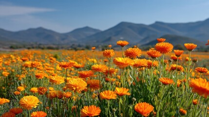 Bright orange flowers fill a valley with green grass set against a backdrop of distant mountains under a clear blue sky in the daytime.