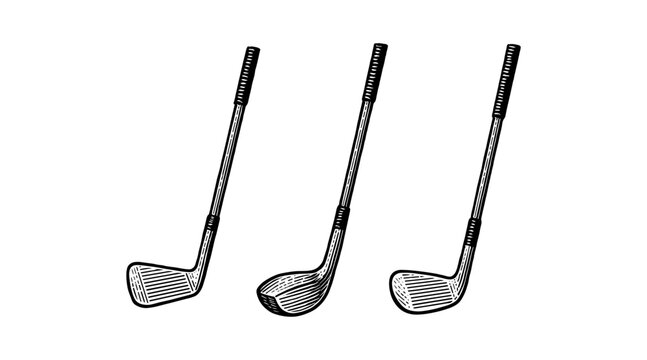 Vintage golf clubs illustration in black and white, perfect for design