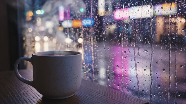 Cozy mug sits on a dark wooden table, rain-streaked window reveals blurry city lights at soft night!
