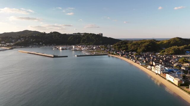 Shimakishi, Itoshima, Fukuoka, Japan Coastline in Autumn: 4K Aerial Drone Footage of Hikizu Bay, Rural Beach, Islands, Mountain Forests, Fish Cage, Houses, Estates near Genkai Quasi-National Park
