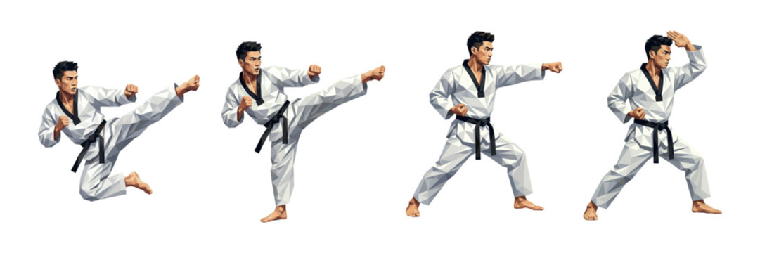 Geometric style martial arts kick sequence illustration of male fighter