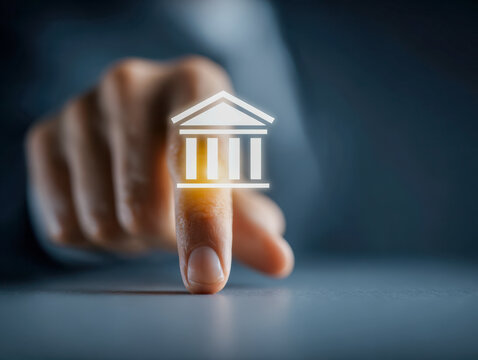 Businessman pressing virtual bank icon on touchscreen demonstrating digital banking and financial technology innovation for secure transactions and services - Powered by Adobe