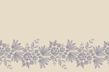 Fototapeta premium Vintage floral ethnic tapestry modern embroidery texture boho design vector illustration hand drawn silhouette indigo blue flower motif branches leaves wallpaper seamless background border
