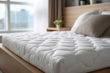 Naklejka premium White quilted mattress topper on a wooden bed frame in a bright bedroom with a city view and decorative pillows in the background