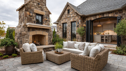 Fototapeta premium Rustic stone patio with cozy fireplace, green plants and wicker furniture at luxury house or mansion