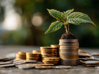 Stack of Gold Coins with Plant Growing Savings