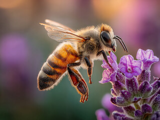 Close Up of Bee Pollinating Lavender Flower