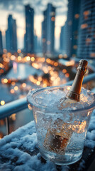 A chilled bottle of champagne rests in a clear ice bucket on a snow-dusted balcony railing, with a blurred backdrop of a city skyline.