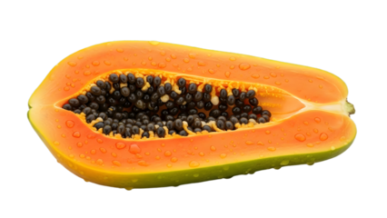 Fresh halved papaya with seeds on white background, showing vibrant orange color and black seed interior