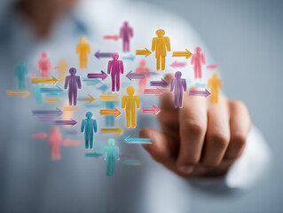 Business person interacting with colorful digital icons representing networking and team communication in a blurred office environment