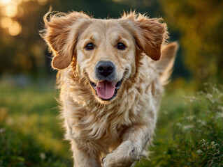 Cute Golden Retriever Dog Running in Park