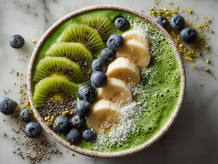 Fresh Healthy Green Smoothie Bowl with Fruits