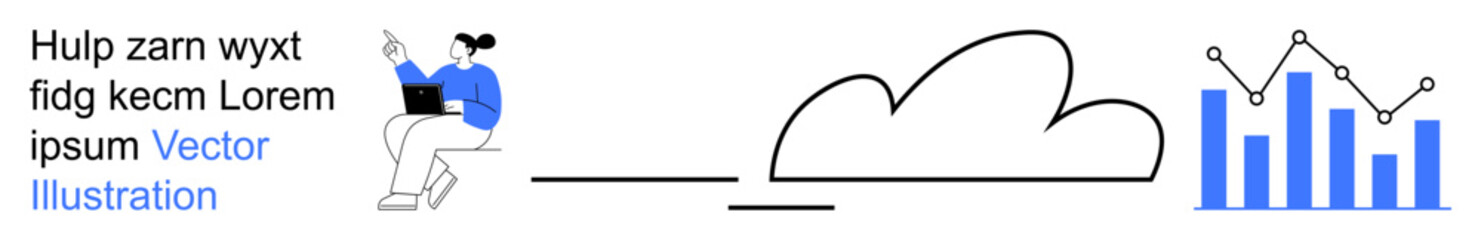 Data analysis, technology innovation, cloud computing, remote work, business intelligence, digital trends. Woman working on a laptop, cloud icon data chart. Data analysis and technology innovation