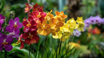 Obraz premium Orchids in various colors such as red yellow and purple stand tall in a garden. The plants are surrounded by green leaves and bright sunlight. This scene captures the beauty of nature.