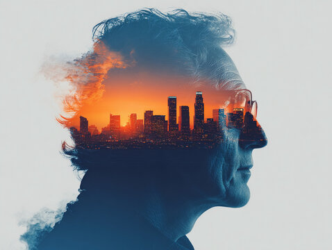 Double Exposure Man and City Skyline Mind Concept