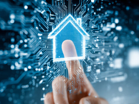 Person interacting with digital smart home interface symbol on futuristic circuit board technology background representing home automation system design concept - Powered by Adobe