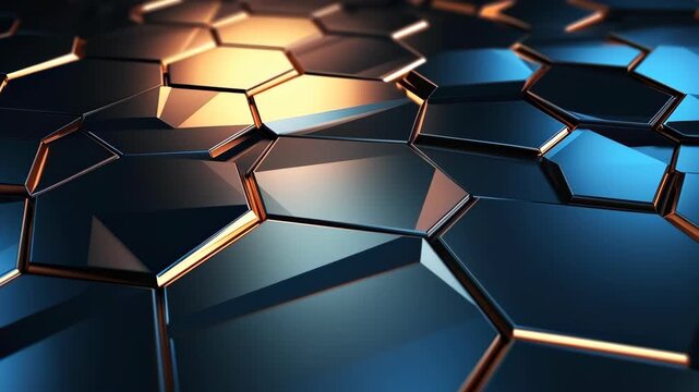 Abstract Hexagonal Pattern: A close-up view reveals a captivating hexagonal pattern, crafted from interconnected metallic tiles, exhibiting a gradient of deep blues and subtle golden highlights.