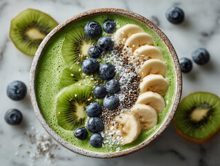 Fresh Healthy Green Smoothie Bowl with Fruits