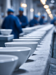 Factory workers inspecting a production line of white ceramic bowls in a large industrial facility with a focus on quality control and craftsmanship