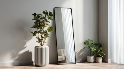 Fototapeta premium A tall mirror stands against a wall beside two potted plants. Sunlight enters the room through the window illuminating the space. The plants vary in size and add greenery to the scene.