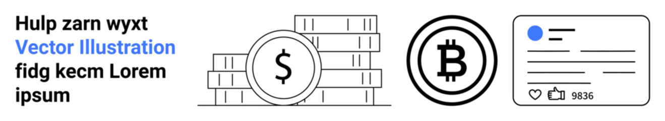 Cryptocurrency, financial transactions, social engagement, online trends, digital economy, blockchain. Bitcoin and dollar symbols with metrics on social media activities. Cryptocurrency and financial