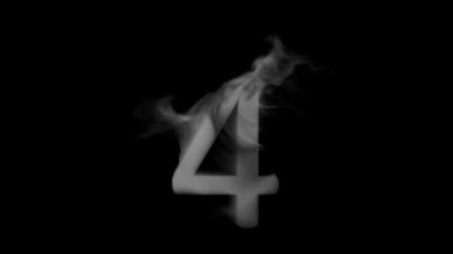 Smoke emanates from the number 4. The font of the number four is smoking. A textured number emitting smoke represents four, isolated on a black background. Smoking number four, emitting fog, steam.