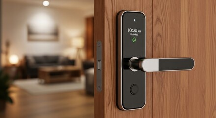 A contemporary smart door lock in a residence is shown with a sleek black and silver finish.