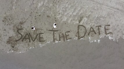 Seaside wedding announcement, Romantic aerial beach celebration, Announcement of romantic beach