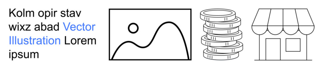 Business branding, digital art, finance, online shopping, economics, retail . Minimalist line drawings of a landscape frame, stacked coins and a storefront. Online shopping and finance concepts