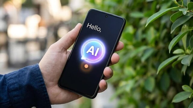 Hand Holding Smartphone with Glowing AI Icon and 'Hello' Message Outdoors, Representing Mobile Artificial Intelligence Technology and Digital Inter...