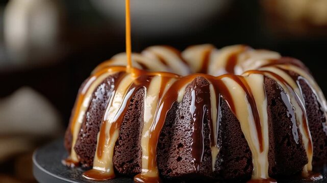 Footage Moist and delicious chocolate bundt cake topped with a rich caramel drizzle