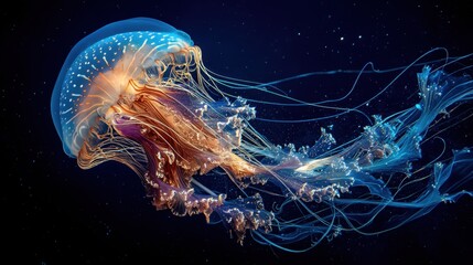 A colorful jellyfish moves gracefully through dark ocean waters. Its body glows with light and long tentacles trail behind it. The scene captures underwater beauty and life.