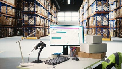 Empty modern storehouse with industrial racks and shelves used for shipping goods from online...