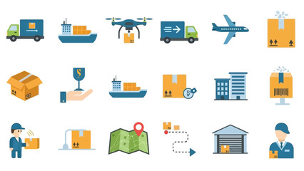 Set of logistics and delivery icons truck, ship, drone, airplane, package, warehouse, map, and courier for shipping and transportation services