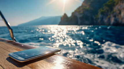 Smartphone resting on the edge of a wooden boat with sparkling ocean water and sunlit rocky coastline in the background during a bright day