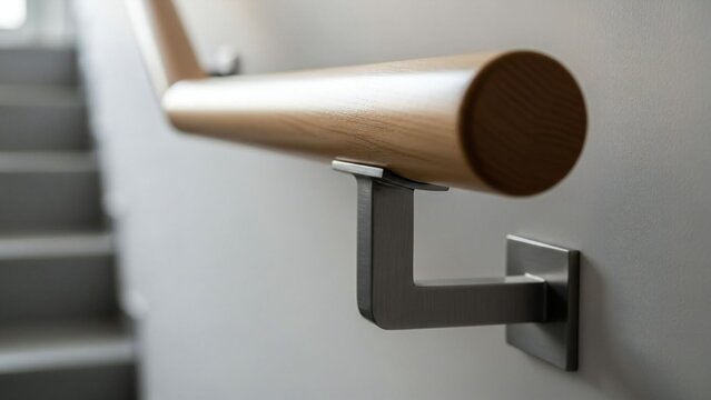Close-up of a modern wooden handrail with sleek metal brackets on a clean wall alongside a blurred staircase, providing guidance.