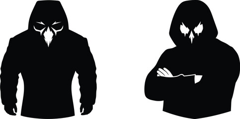 Two mysterious figures in hooded cloaks with unique avian inspired masks