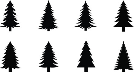 Simple black silhouettes of various shaped evergreen trees on a white background