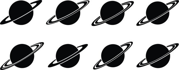 Simple illustration of multiple planets with rings arranged in a grid pattern © MALA