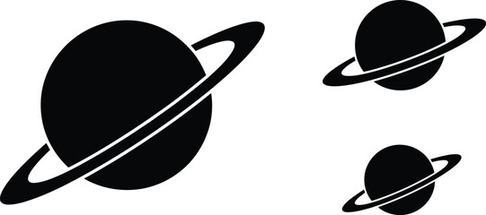 Simple illustration of three planets with rings in a black and white style © MALA