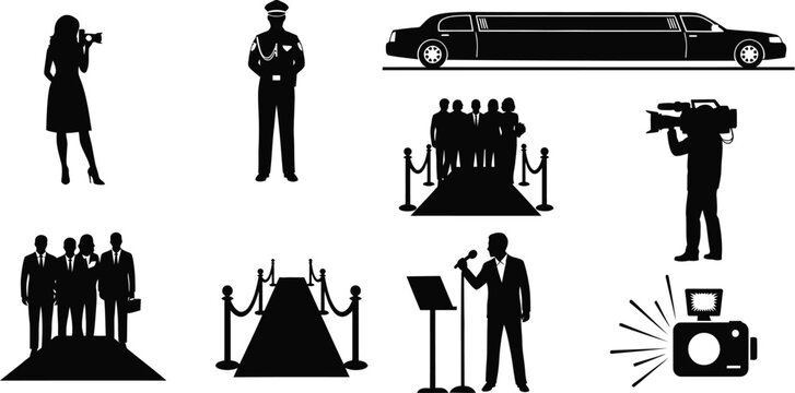 Black silhouettes depict a celebrity arrival with paparazzi and security