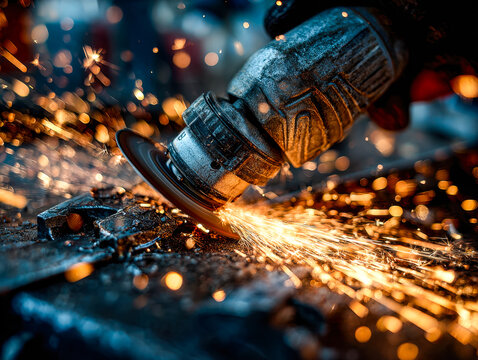 Close-up of an angle grinder cutting through metal, creating sparks in a workshop setting