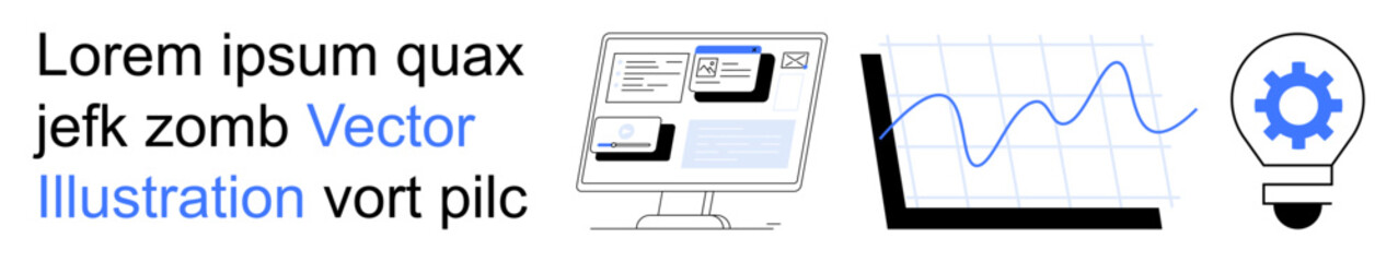 Business intelligence, analytics, innovation, strategy, technology, efficiency. Computer displaying a dashboard, graph showing trends and light bulb with gear. Business intelligence and analytics