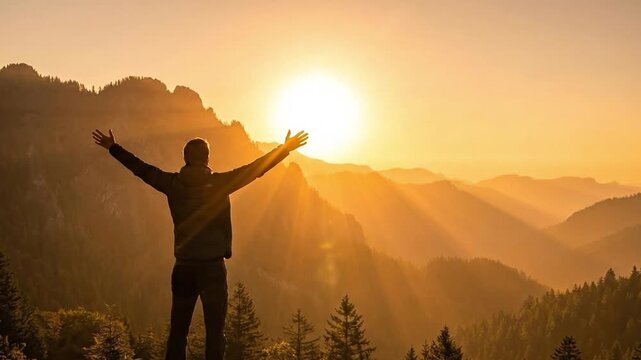 Inspired person with outstretched arms embracing the golden sunrise over majestic mountain landscape, symbolizing freedom, achievement, and inspira...