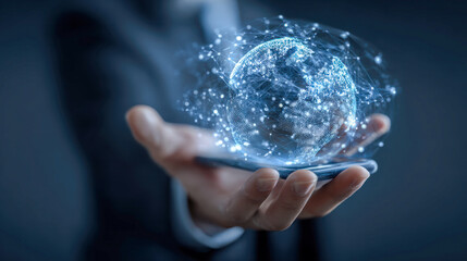 Businessman holding smartphone projecting futuristic glowing digital globe network connections symbolizing global communication and advanced technology concepts