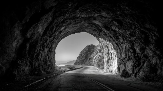 A road curves through a rocky tunnel that leads to a coastal view in the distance. Bright light enters the tunnel creating contrast with the dark rock walls. - Powered by Adobe